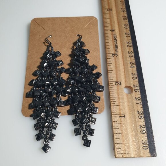 Black Dangle Chandelier Earring Hook Drop Heavyweight Multi Tier Square Handmade - Picture 2 of 4